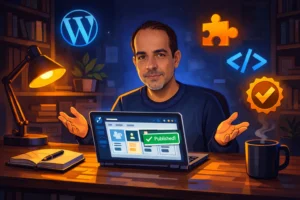Homem latino de meia-idade em home office noturno, braços abertos, expressão tranquila de realização, com ícones do WordPress e plugin flutuando ao fundo