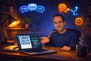 Homem latino em home office noturno apontando para laptop com interface de IA e código, três bubbles de chat flutuando acima representando equipe de inteligências artificiais