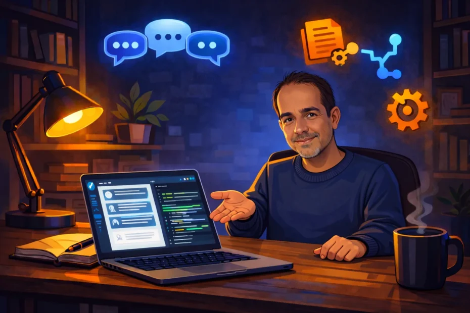 Homem latino em home office noturno apontando para laptop com interface de IA e código, três bubbles de chat flutuando acima representando equipe de inteligências artificiais