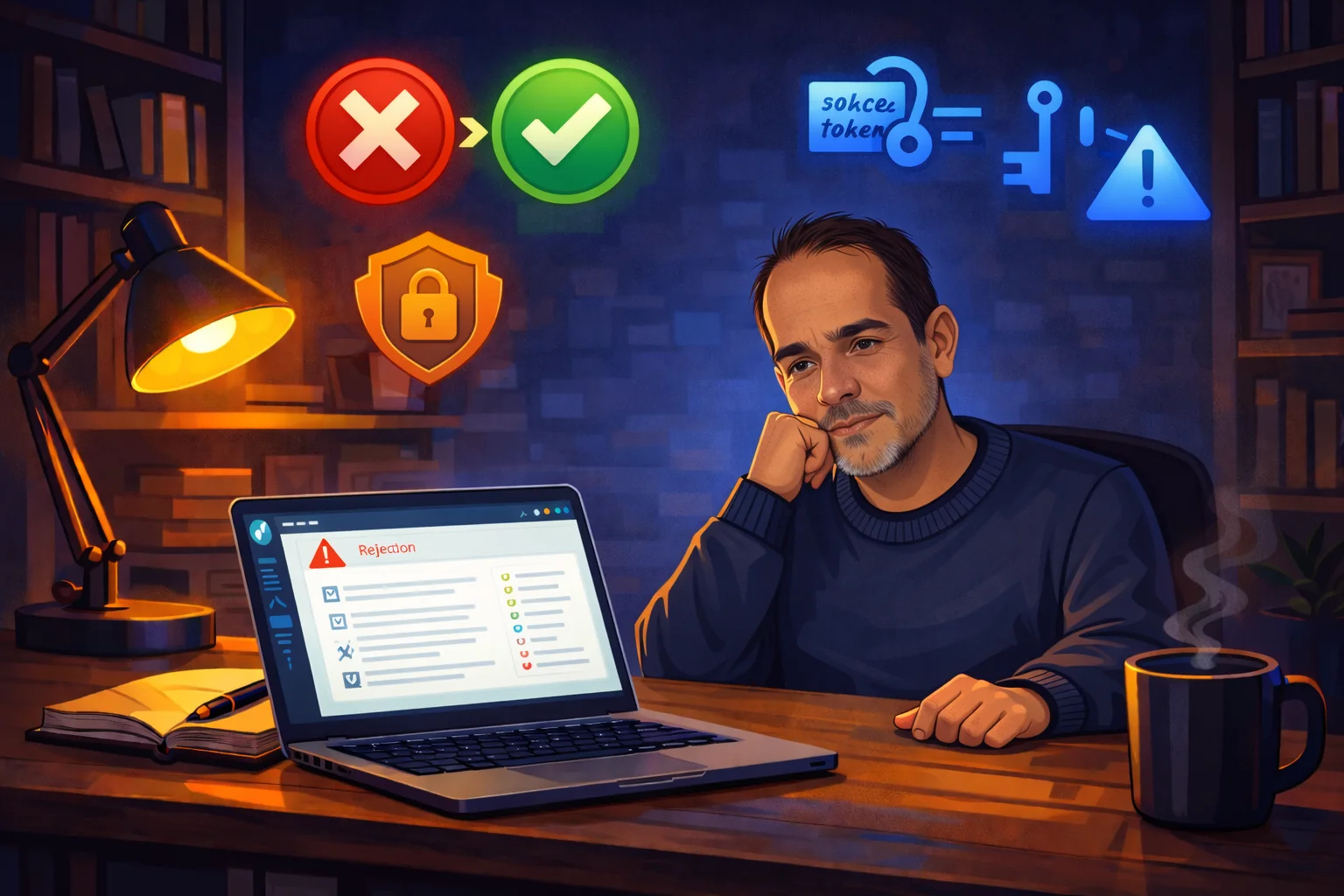 Homem latino em home office noturno com expressão reflexiva, mão no queixo, laptop exibindo email de rejeição, ícones de X vermelho transformando-se em checkmark verde ao fundo