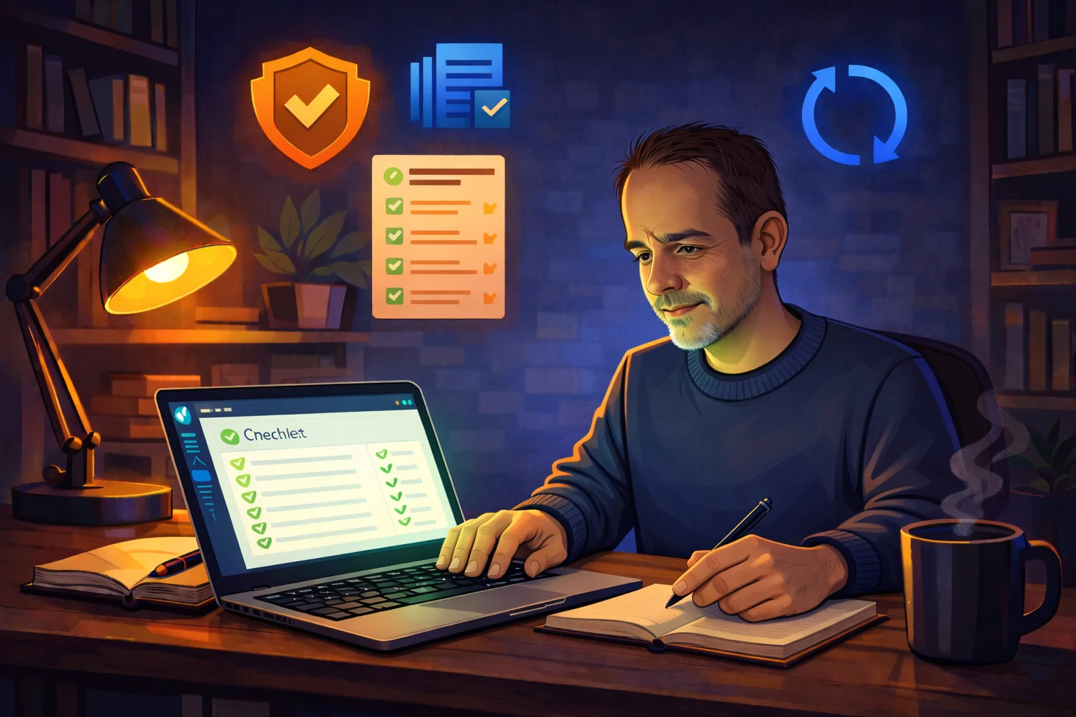 Homem latino em home office noturno focado em checklist no laptop enquanto anota em caderno, ícone de escudo com checkmark e documentos flutuando ao fundo
