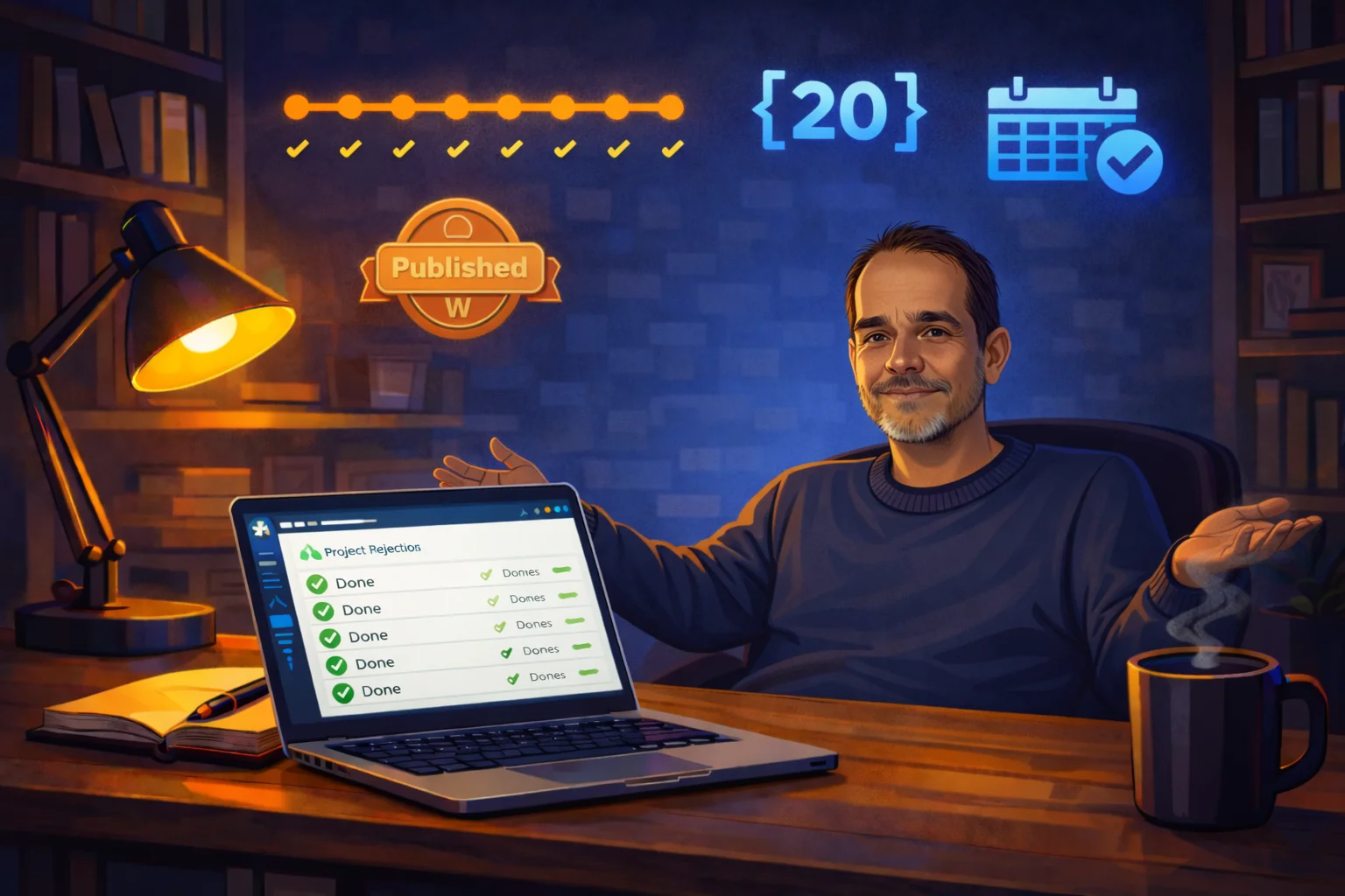 Homem latino em home office noturno recostado com sorriso sutil e braços abertos, laptop exibindo timeline de projeto concluído, badge Published e ícones de milestones ao fundo