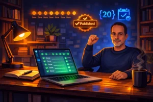 Homem latino em home office noturno com punho erguido em gesto de conquista, expressão de vitória genuína após jornada difícil